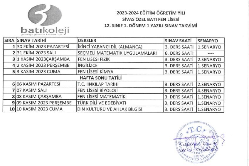 2023-2024 1. DÖNEM 1. YAZILI SINAV TARİHLERİ